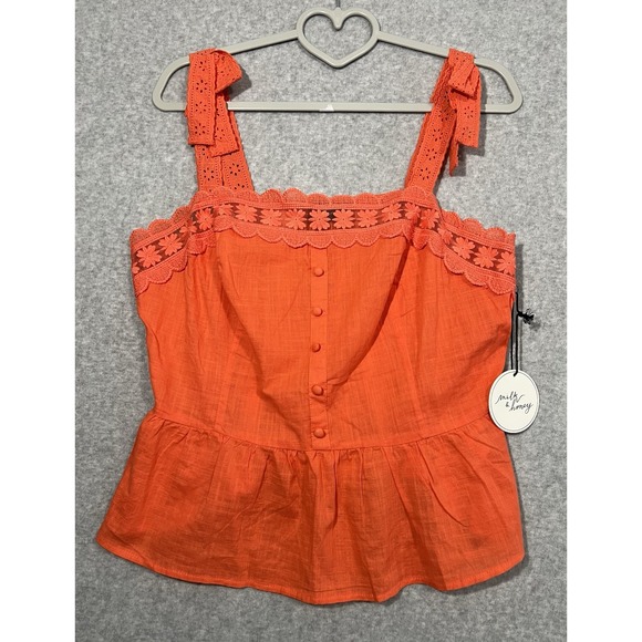 Milk & Honey Tops - NWT Milk & Honey Coral Orange Lace Trim Peplum Tank Top Women's XL Boutique